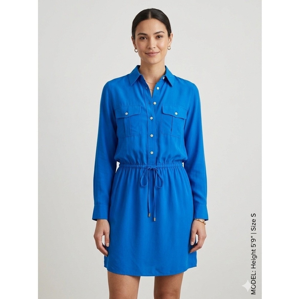 Lauren Ralph Lauren Petite Blue Viscose Long Sleeve Drawstring Shirt Dress 2P